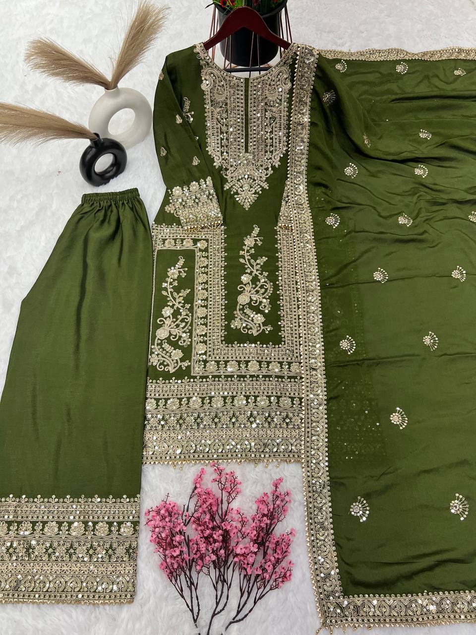 Mesmerizing Pure Chinon Silk Cording Dori Sequins Worked Top Palazzo Suit