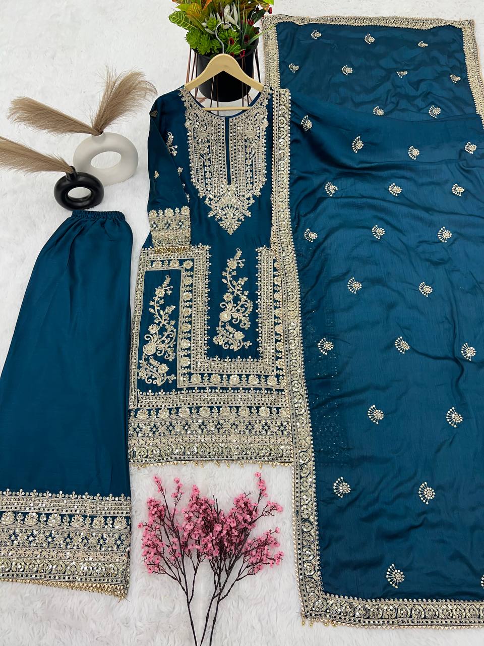 Mesmerizing Pure Chinon Silk Cording Dori Sequins Worked Top Palazzo Suit
