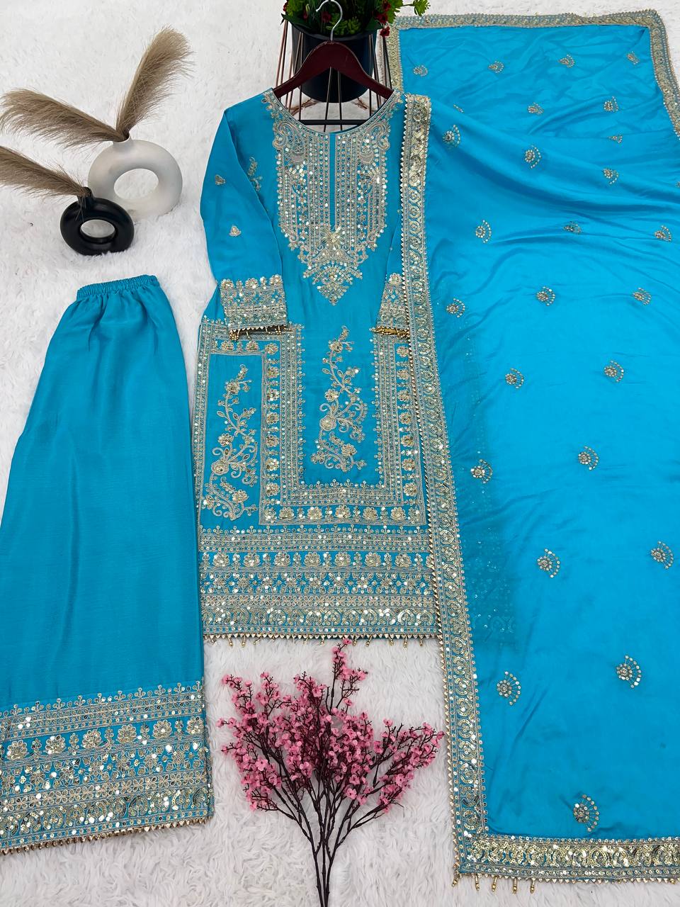Mesmerizing Pure Chinon Silk Cording Dori Sequins Worked Top Palazzo Suit