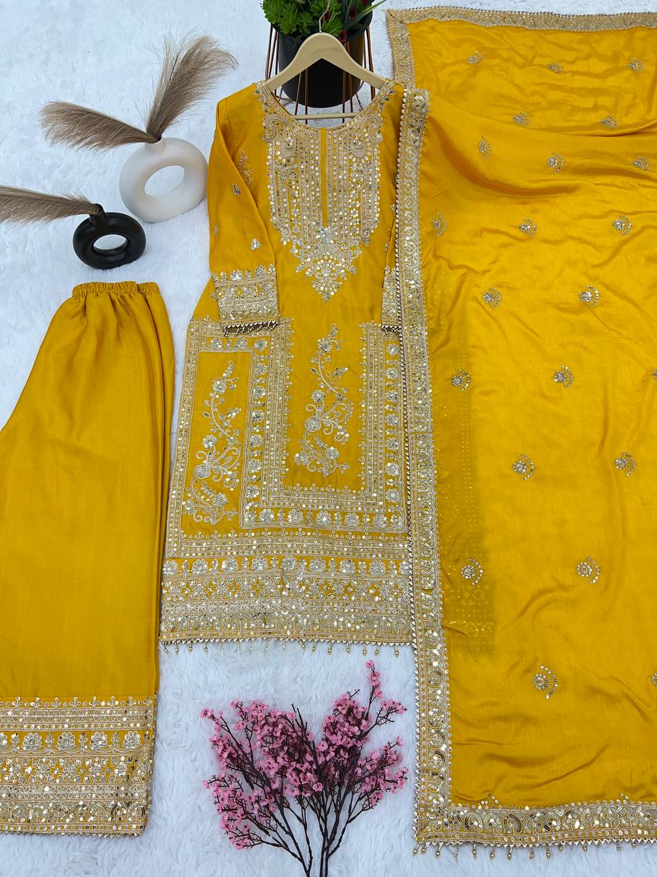 Mesmerizing Pure Chinon Silk Cording Dori Sequins Worked Top Palazzo Suit
