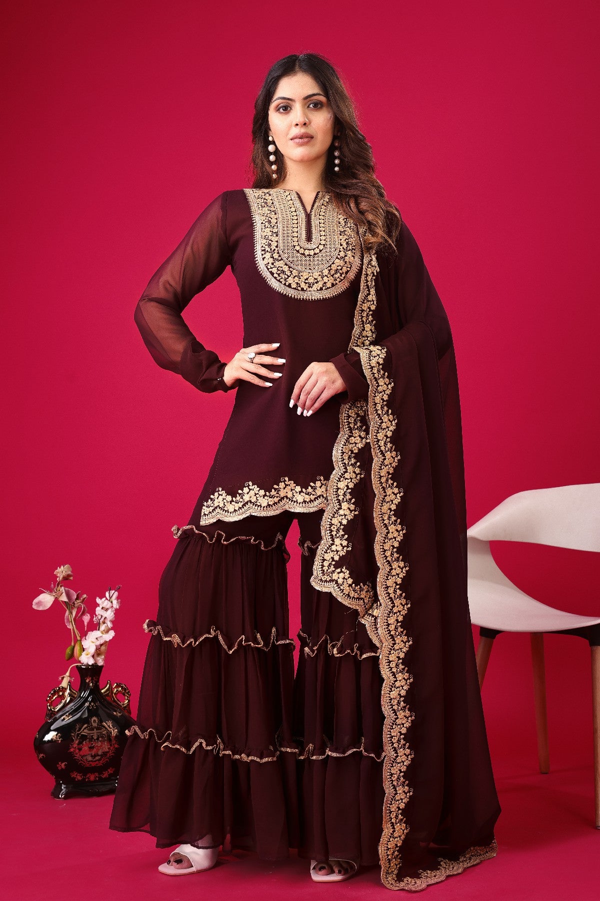 Fabulous Maroon Faux Georgette Sequins Embroidered Top Palazzo Suit - INDIAN ELEGANCE