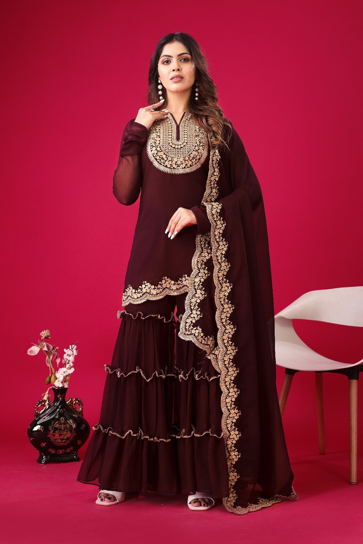 Fabulous Maroon Faux Georgette Sequins Embroidered Top Palazzo Suit - INDIAN ELEGANCE