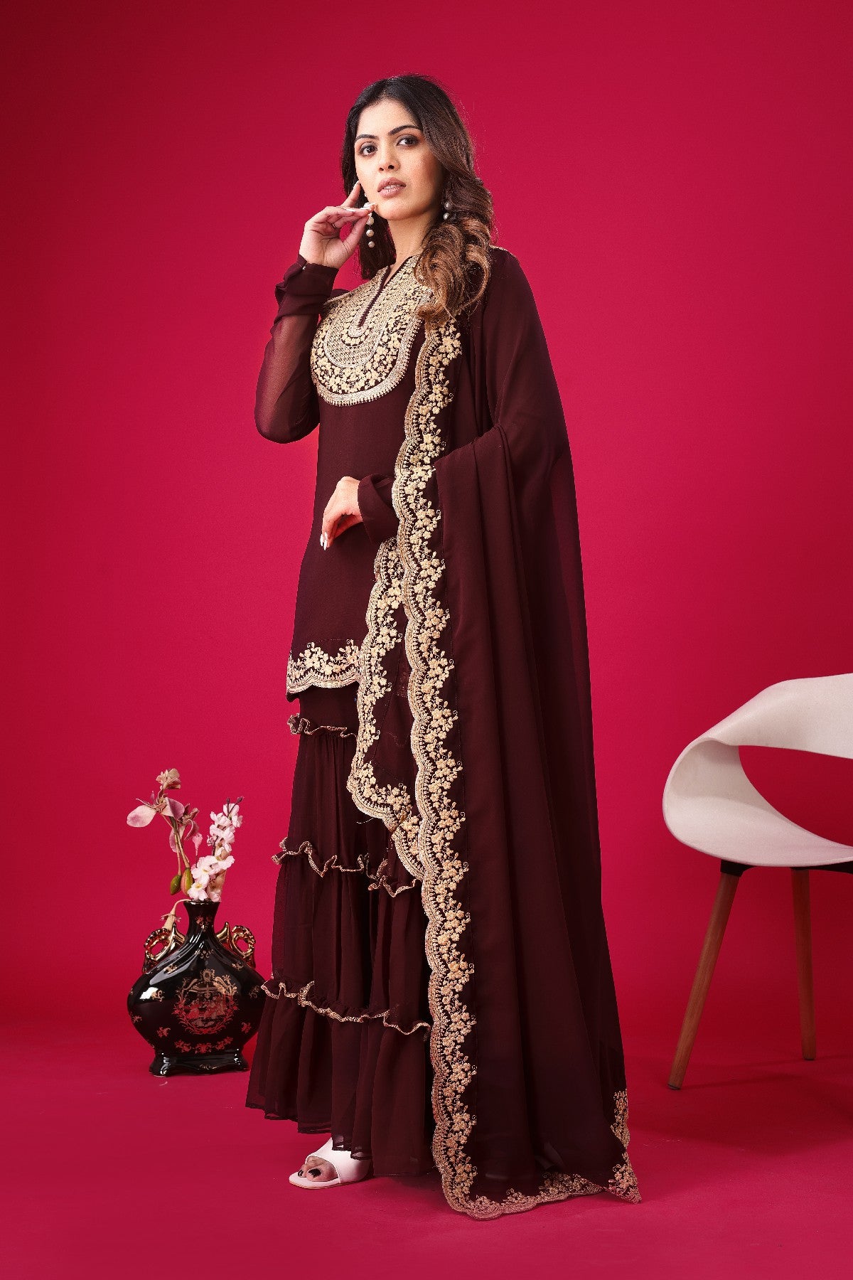Fabulous Maroon Faux Georgette Sequins Embroidered Top Palazzo Suit - INDIAN ELEGANCE
