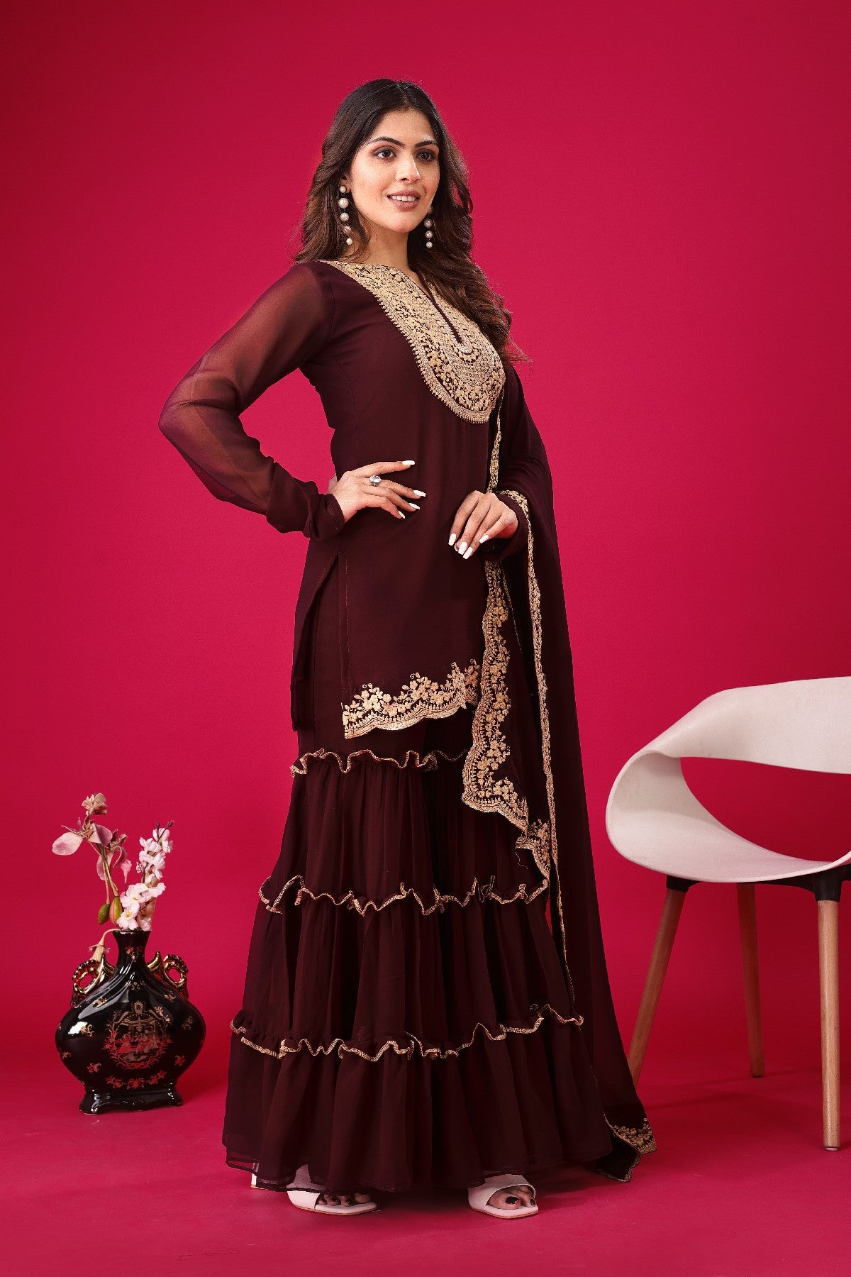 Fabulous Maroon Faux Georgette Sequins Embroidered Top Palazzo Suit - INDIAN ELEGANCE