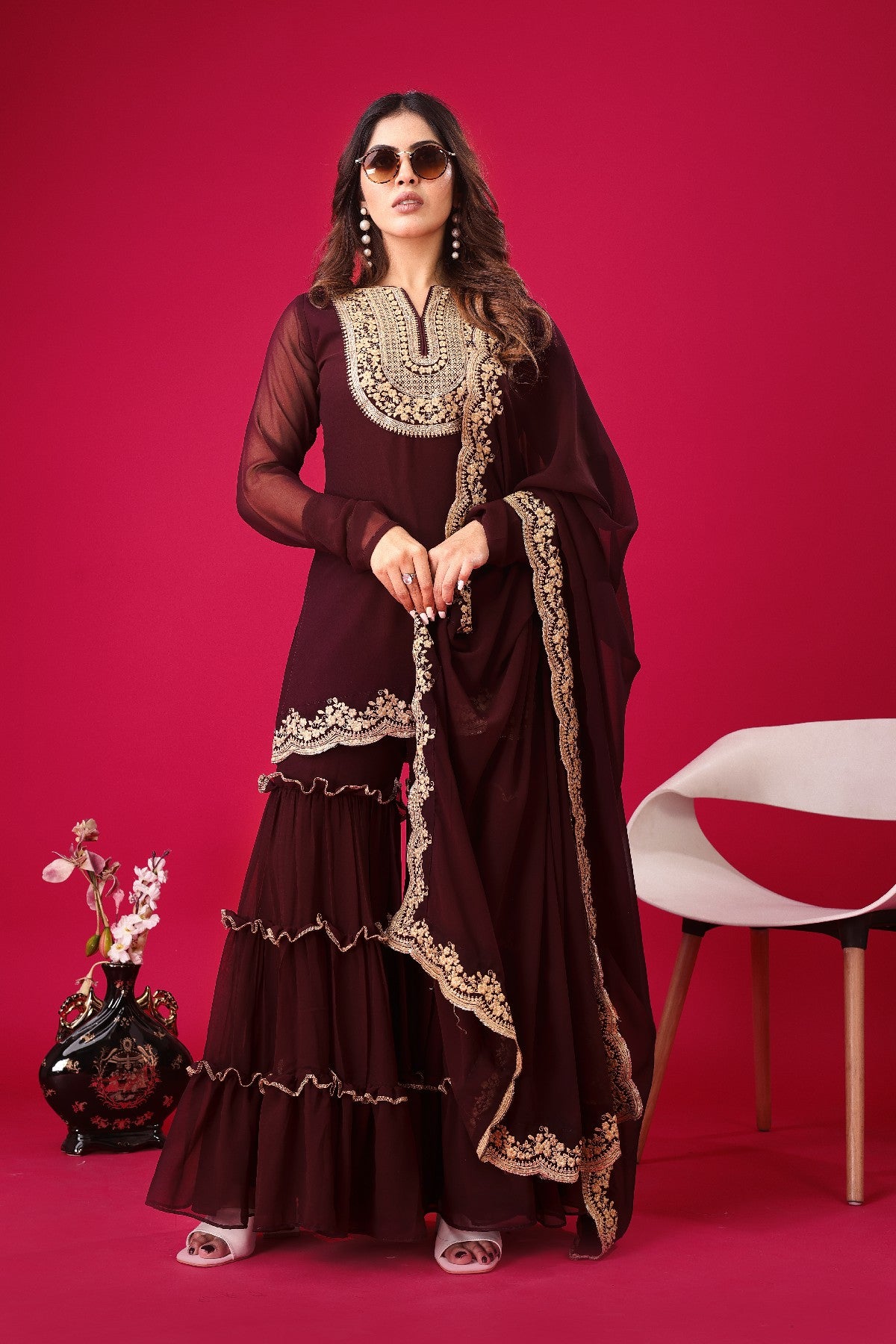 Fabulous Maroon Faux Georgette Sequins Embroidered Top Palazzo Suit - INDIAN ELEGANCE