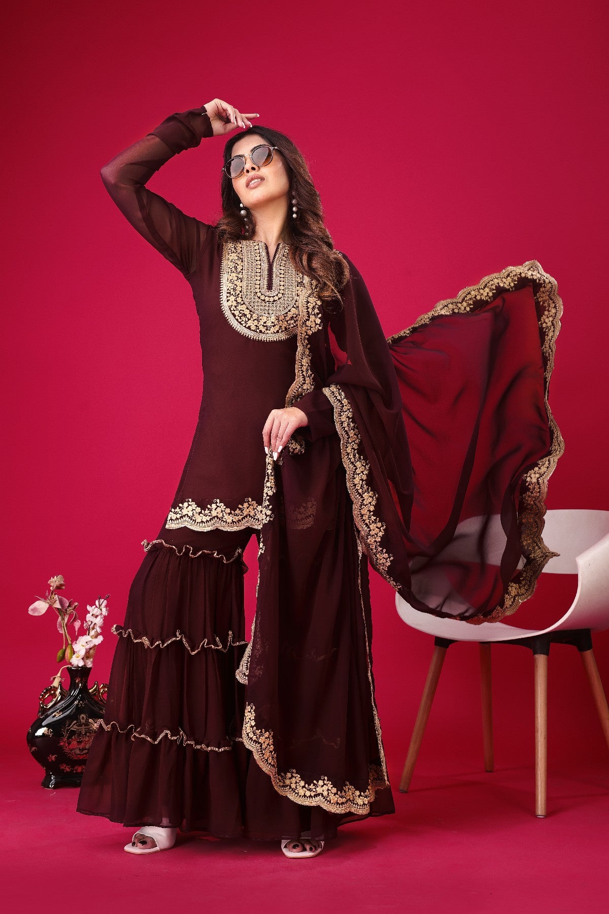 Fabulous Maroon Faux Georgette Sequins Embroidered Top Palazzo Suit - INDIAN ELEGANCE