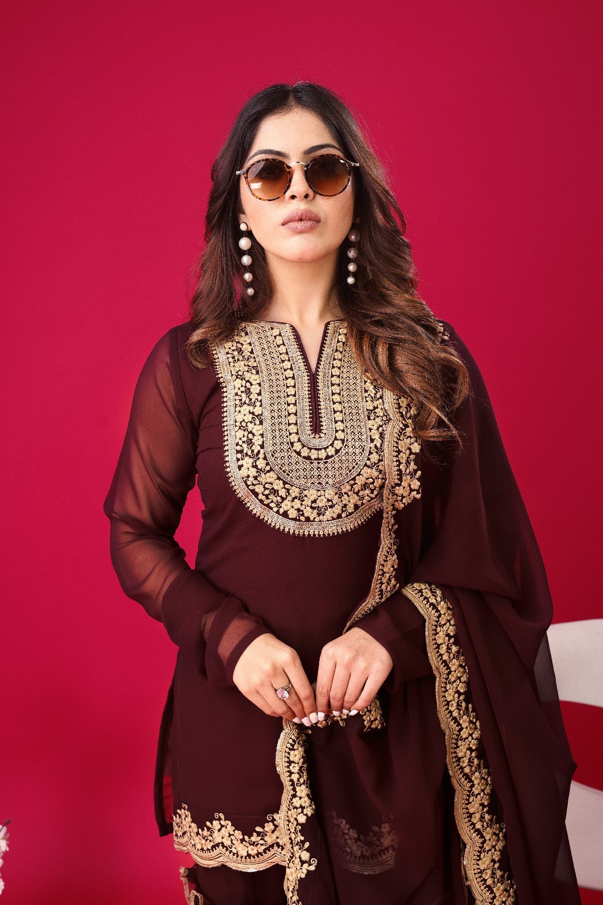 Fabulous Maroon Faux Georgette Sequins Embroidered Top Palazzo Suit - INDIAN ELEGANCE