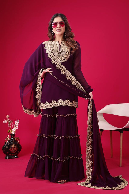 Stylish Wine Faux Georgette Sequins Embroidered Top Palazzo Suit - INDIAN ELEGANCE