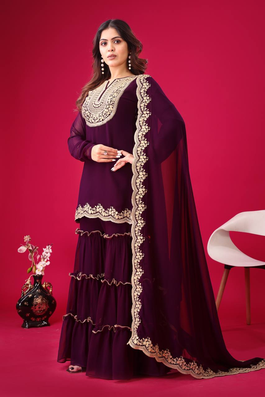 Stylish Wine Faux Georgette Sequins Embroidered Top Palazzo Suit - INDIAN ELEGANCE