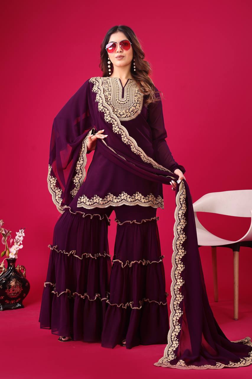 Stylish Wine Faux Georgette Sequins Embroidered Top Palazzo Suit - INDIAN ELEGANCE