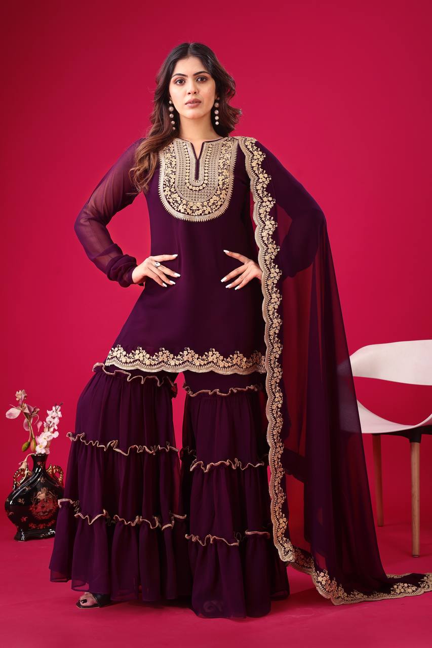 Stylish Wine Faux Georgette Sequins Embroidered Top Palazzo Suit - INDIAN ELEGANCE