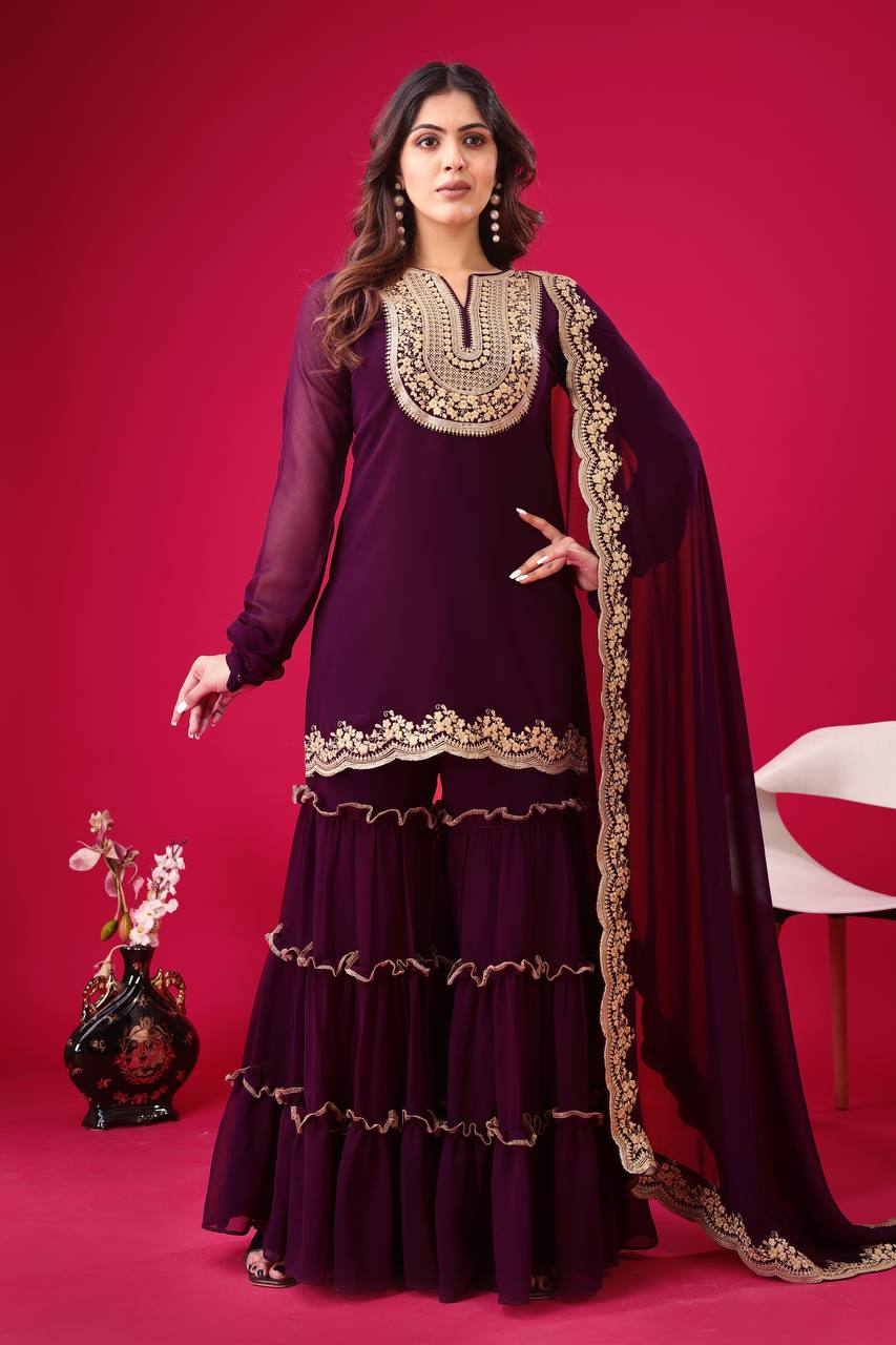 Stylish Wine Faux Georgette Sequins Embroidered Top Palazzo Suit - INDIAN ELEGANCE