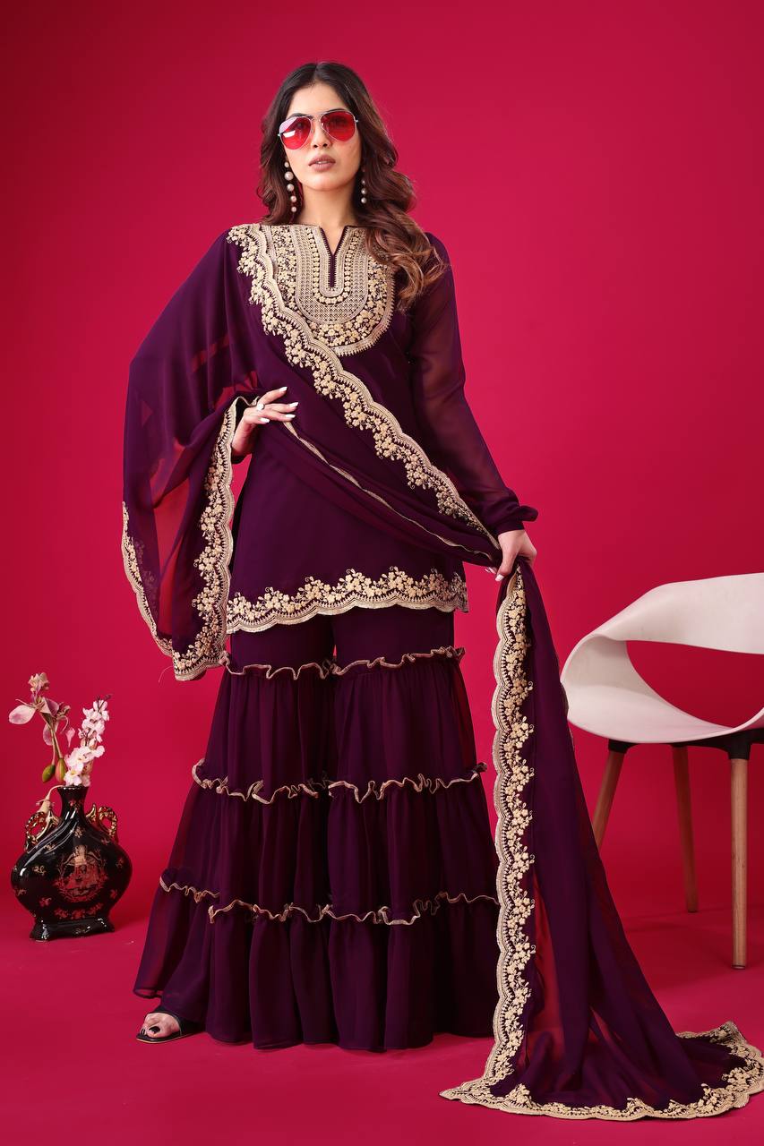 Stylish Wine Faux Georgette Sequins Embroidered Top Palazzo Suit - INDIAN ELEGANCE