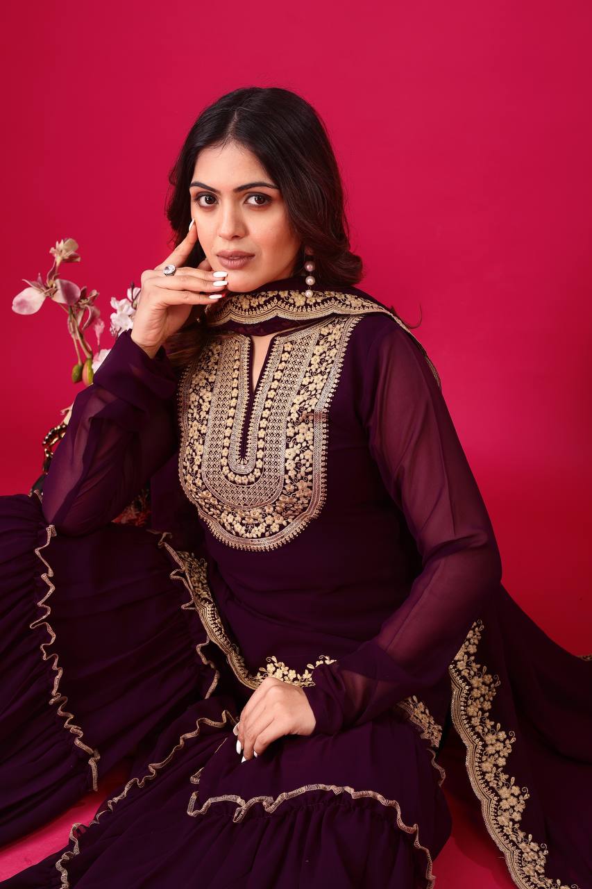 Stylish Wine Faux Georgette Sequins Embroidered Top Palazzo Suit - INDIAN ELEGANCE