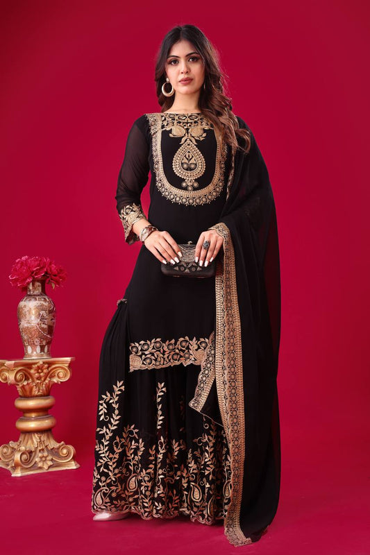Ravishing Black Faux Georgette Sequins Embroidered Top Palazzo Suit - INDIAN ELEGANCE