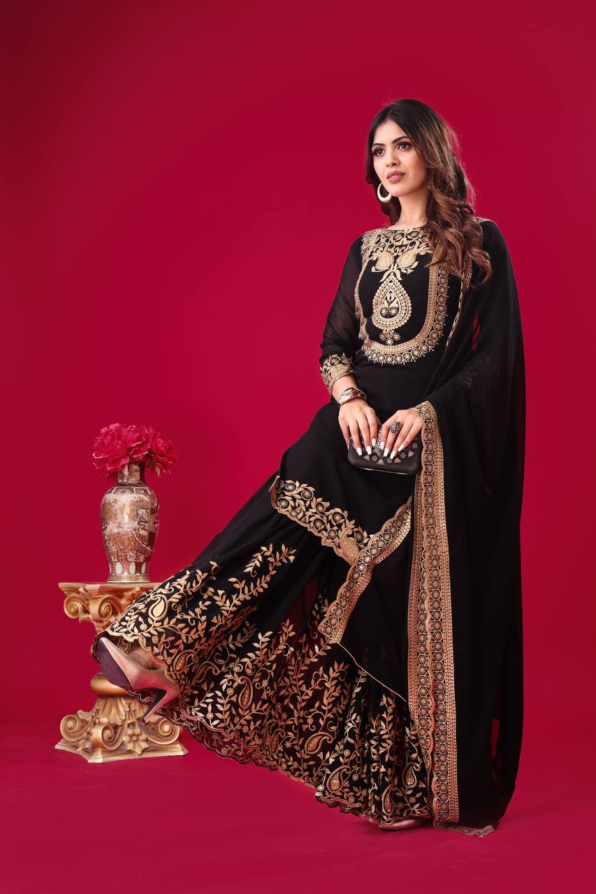 Ravishing Black Faux Georgette Sequins Embroidered Top Palazzo Suit - INDIAN ELEGANCE