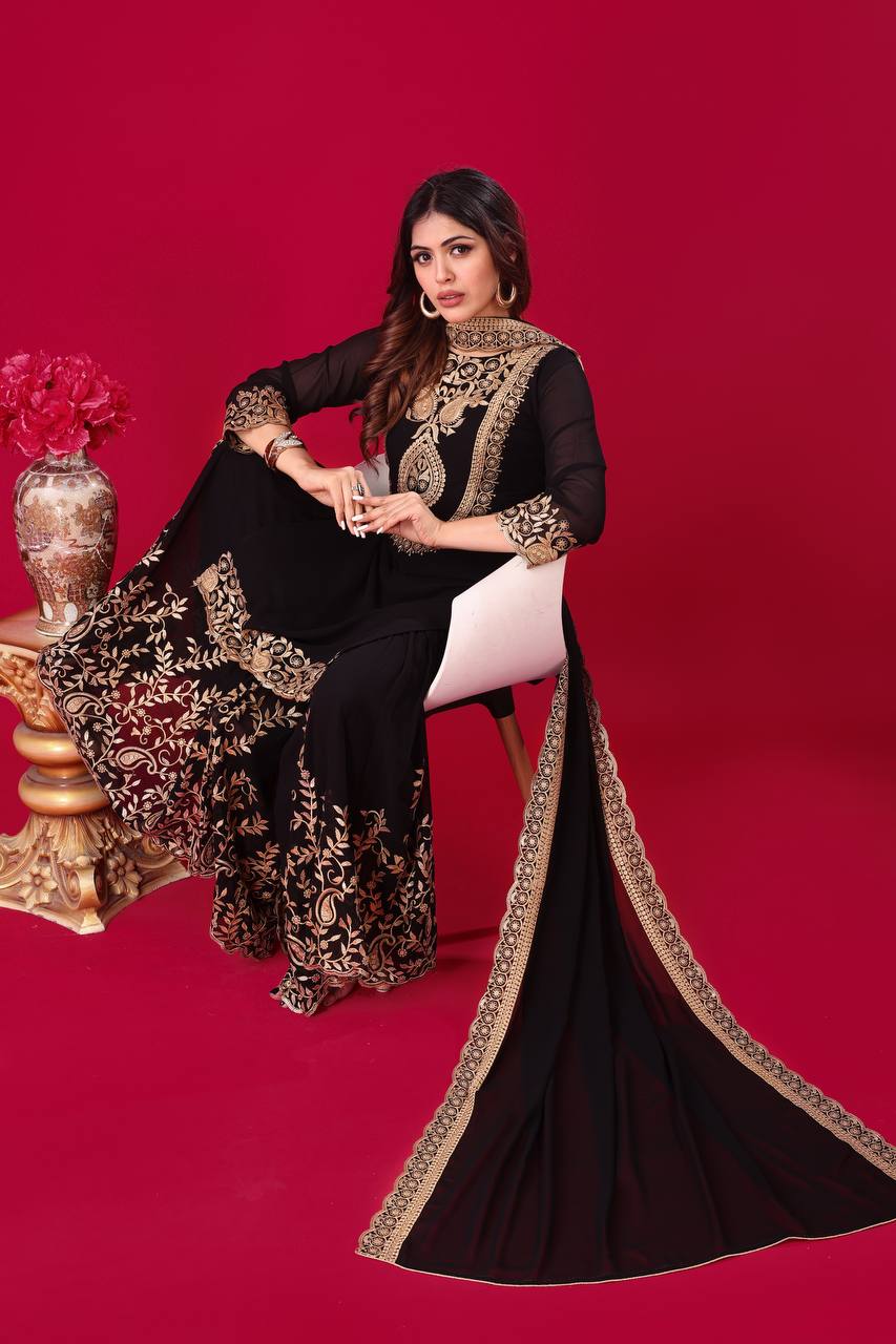 Ravishing Black Faux Georgette Sequins Embroidered Top Palazzo Suit - INDIAN ELEGANCE