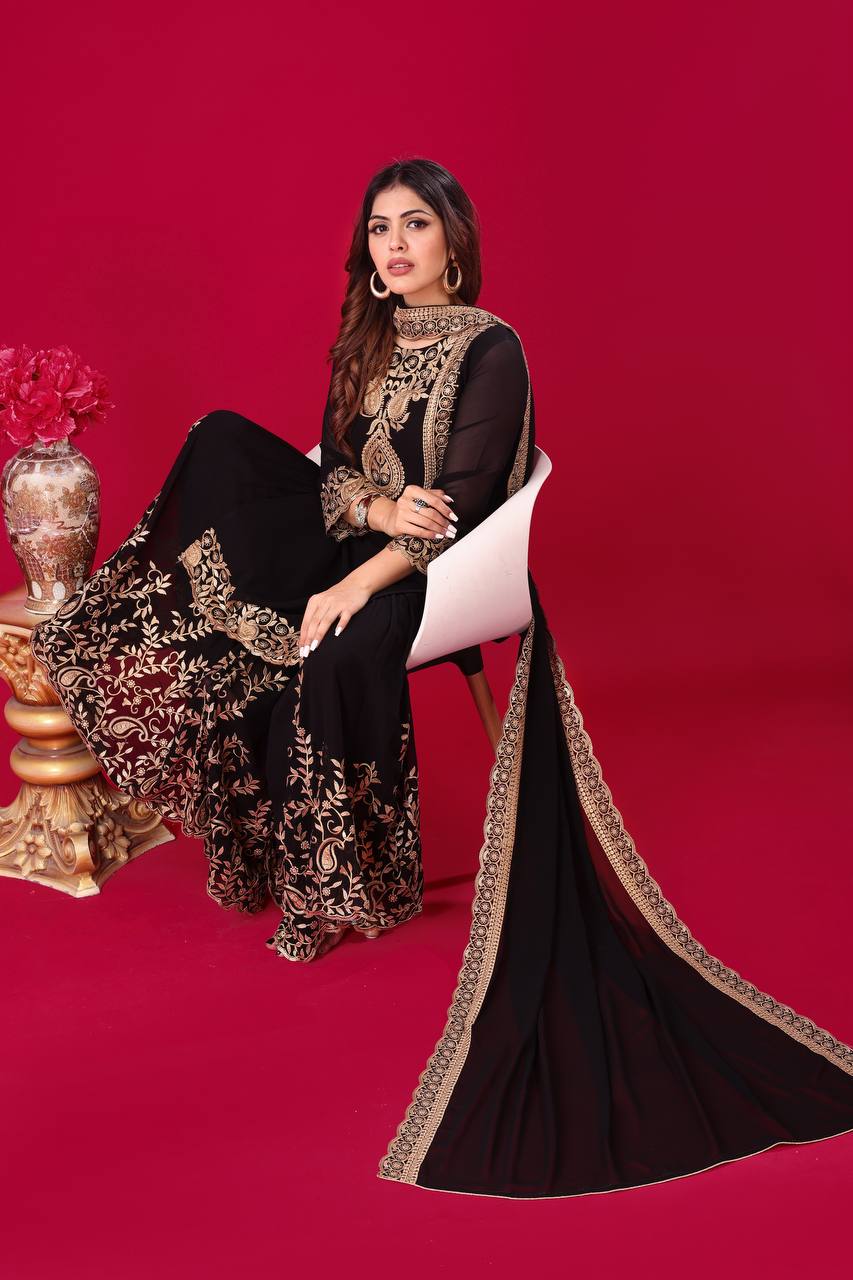 Ravishing Black Faux Georgette Sequins Embroidered Top Palazzo Suit - INDIAN ELEGANCE