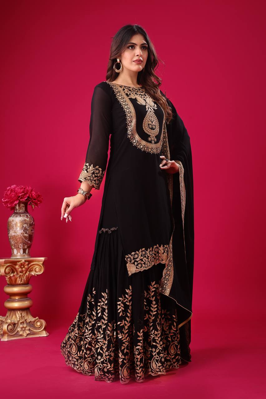 Ravishing Black Faux Georgette Sequins Embroidered Top Palazzo Suit - INDIAN ELEGANCE