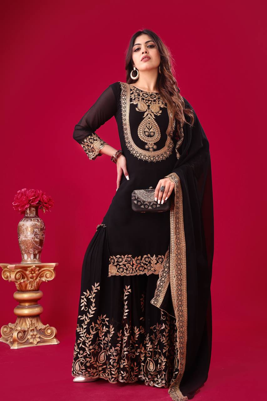 Ravishing Black Faux Georgette Sequins Embroidered Top Palazzo Suit - INDIAN ELEGANCE