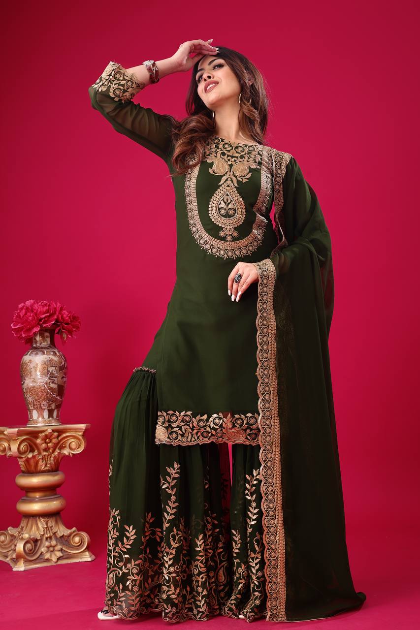 Divine Green Faux Georgette Sequins Embroidered Top Palazzo Suit - INDIAN ELEGANCE