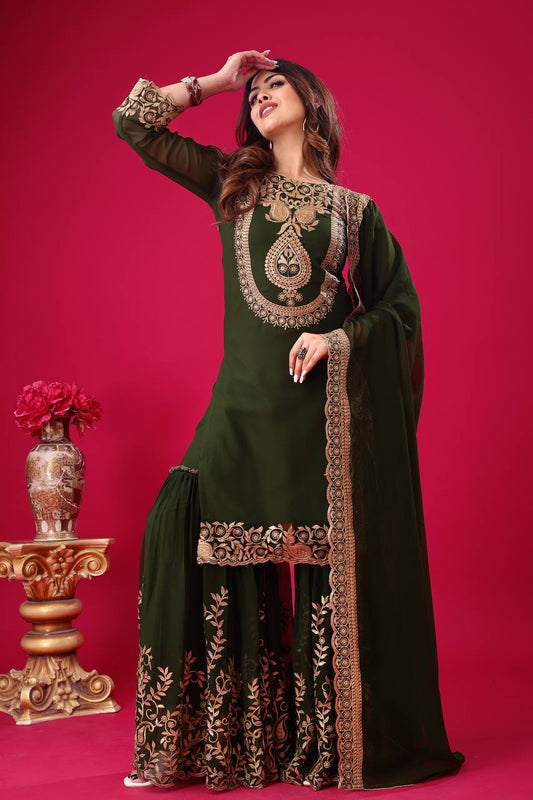 Divine Green Faux Georgette Sequins Embroidered Top Palazzo Suit - INDIAN ELEGANCE