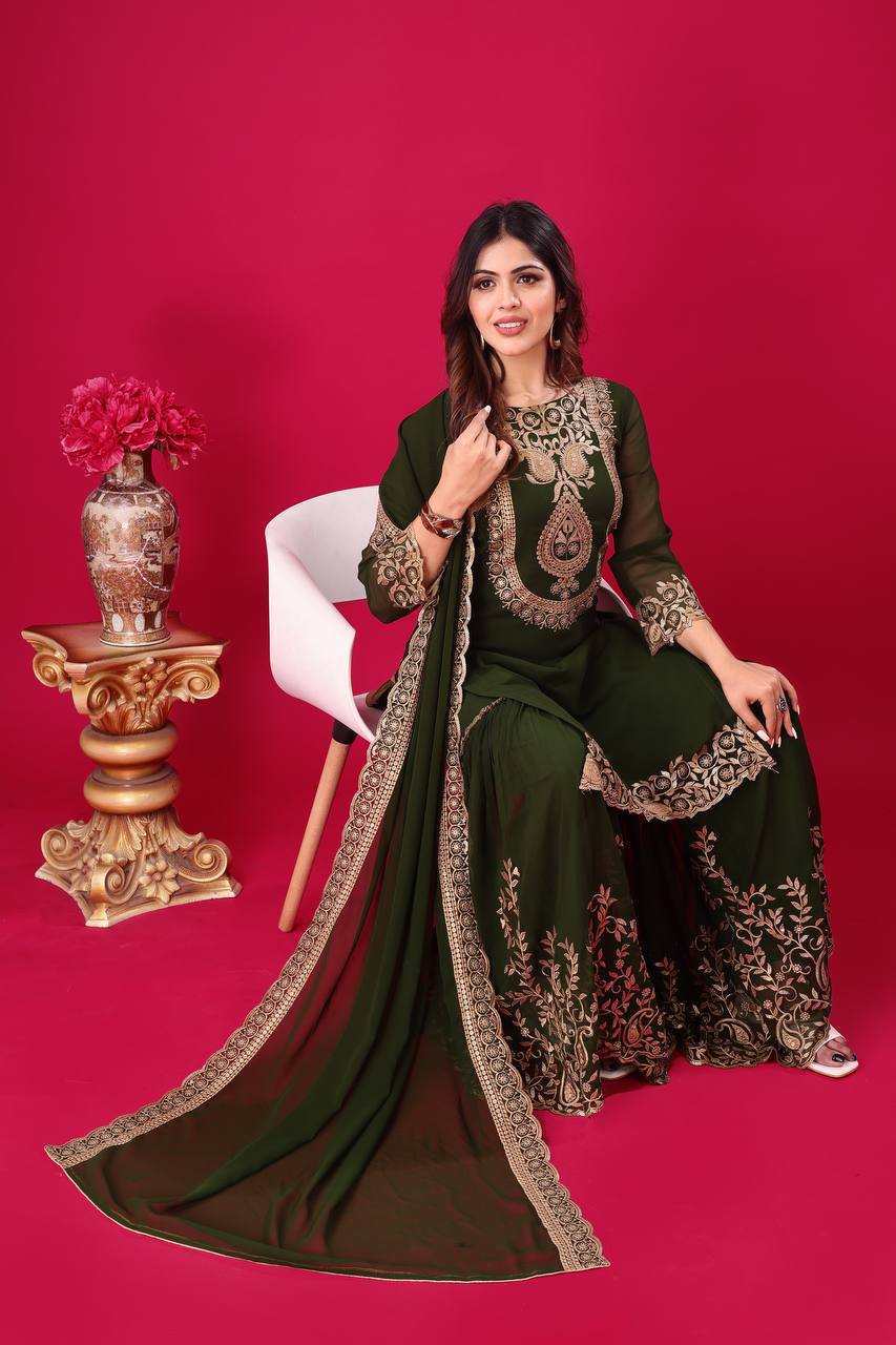 Divine Green Faux Georgette Sequins Embroidered Top Palazzo Suit - INDIAN ELEGANCE