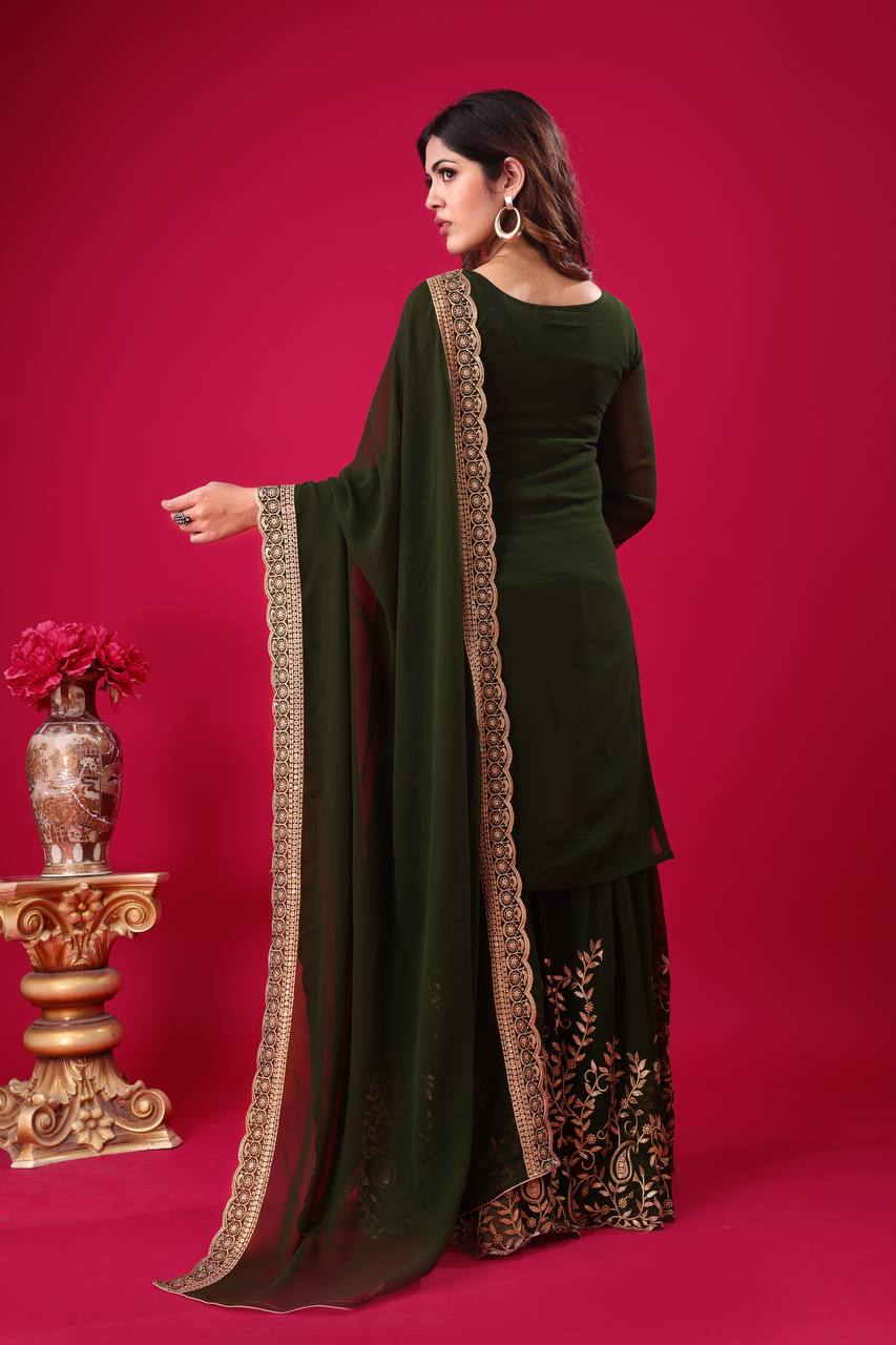 Divine Green Faux Georgette Sequins Embroidered Top Palazzo Suit - INDIAN ELEGANCE