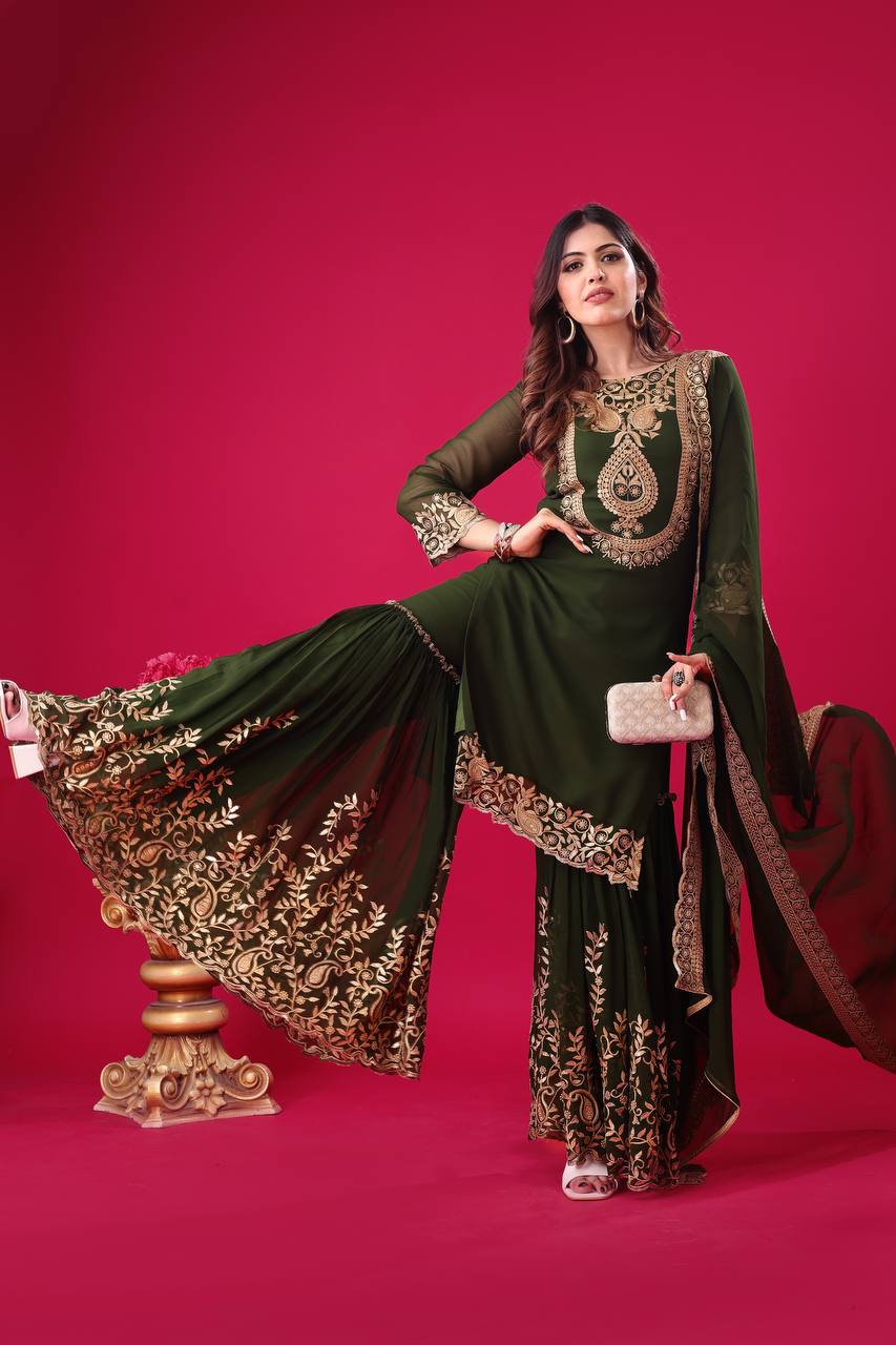Divine Green Faux Georgette Sequins Embroidered Top Palazzo Suit - INDIAN ELEGANCE