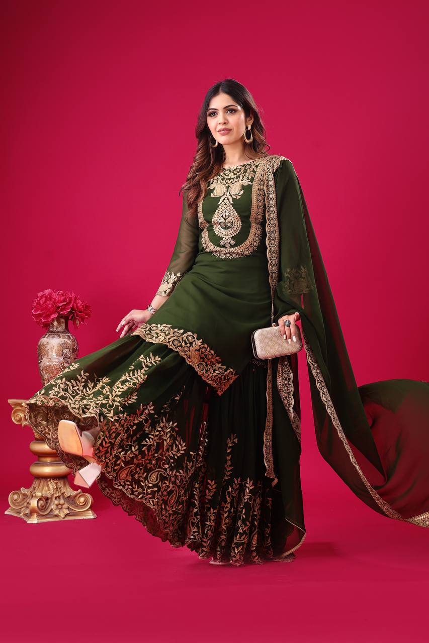 Divine Green Faux Georgette Sequins Embroidered Top Palazzo Suit - INDIAN ELEGANCE