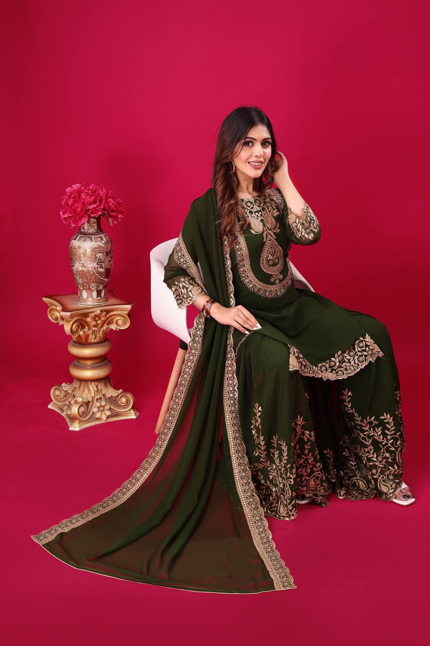 Divine Green Faux Georgette Sequins Embroidered Top Palazzo Suit - INDIAN ELEGANCE