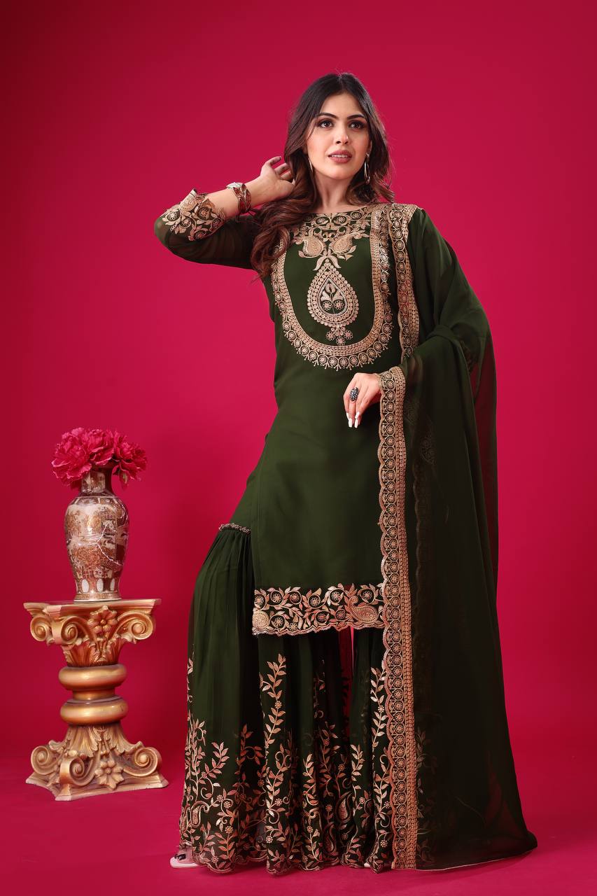 Divine Green Faux Georgette Sequins Embroidered Top Palazzo Suit - INDIAN ELEGANCE