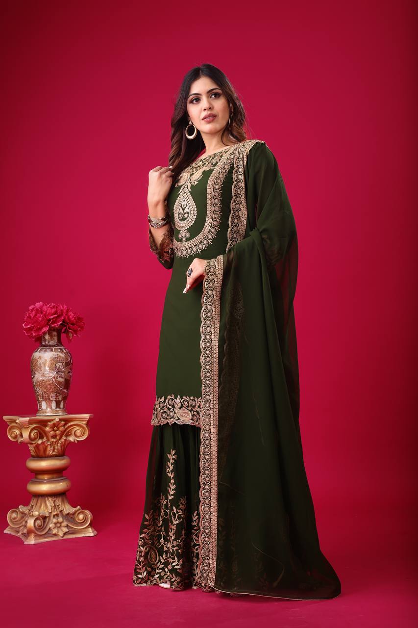 Divine Green Faux Georgette Sequins Embroidered Top Palazzo Suit - INDIAN ELEGANCE