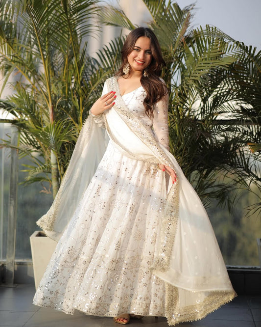 Premium White Color Full Heavy Work  Georgette Anarkali Gown.