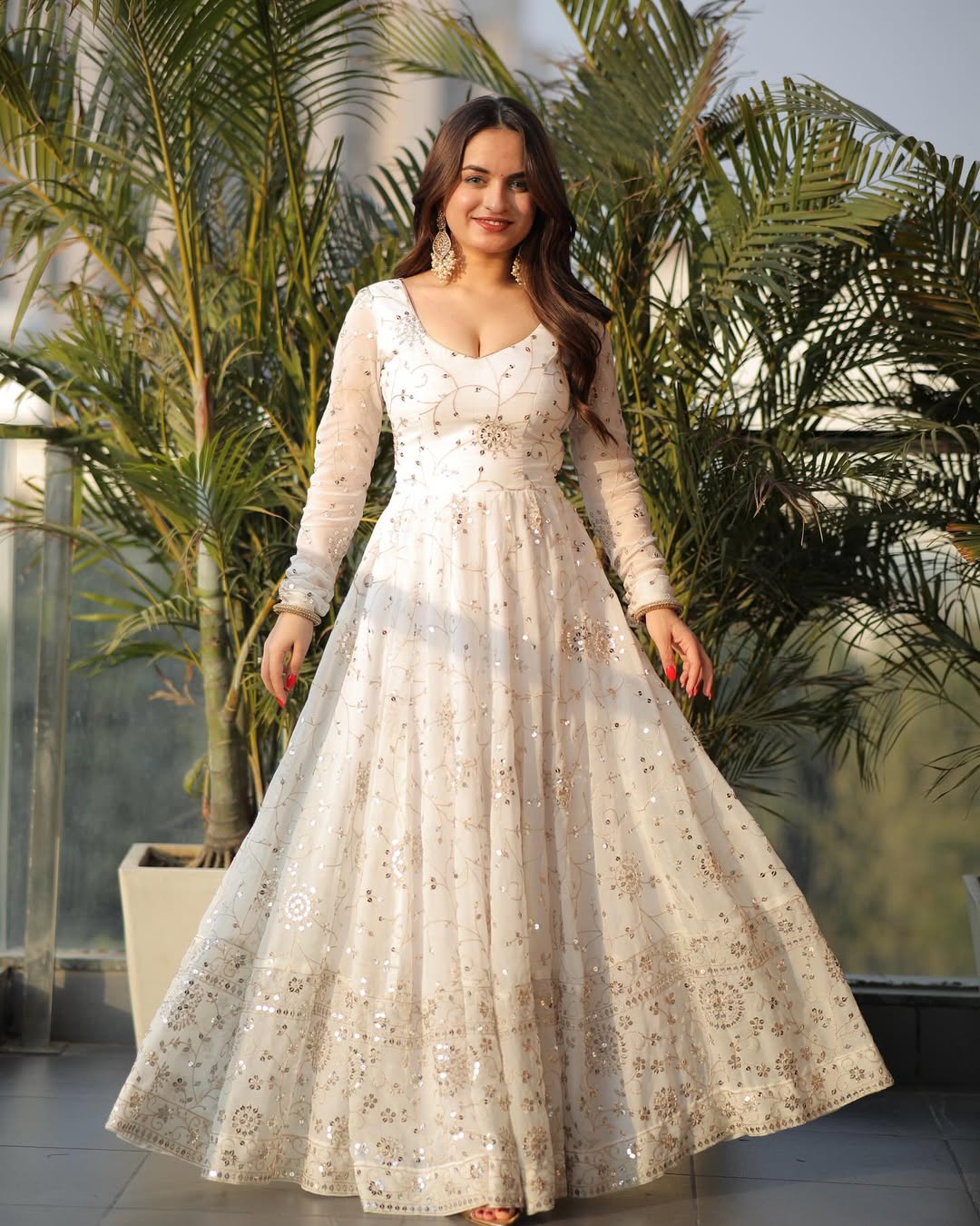 Premium White Color Full Heavy Work  Georgette Anarkali Gown.
