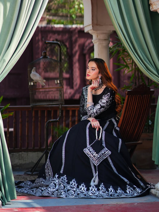 Black Velvet Thread & Sequence Embroidered Lehenga Set with Dupatta
