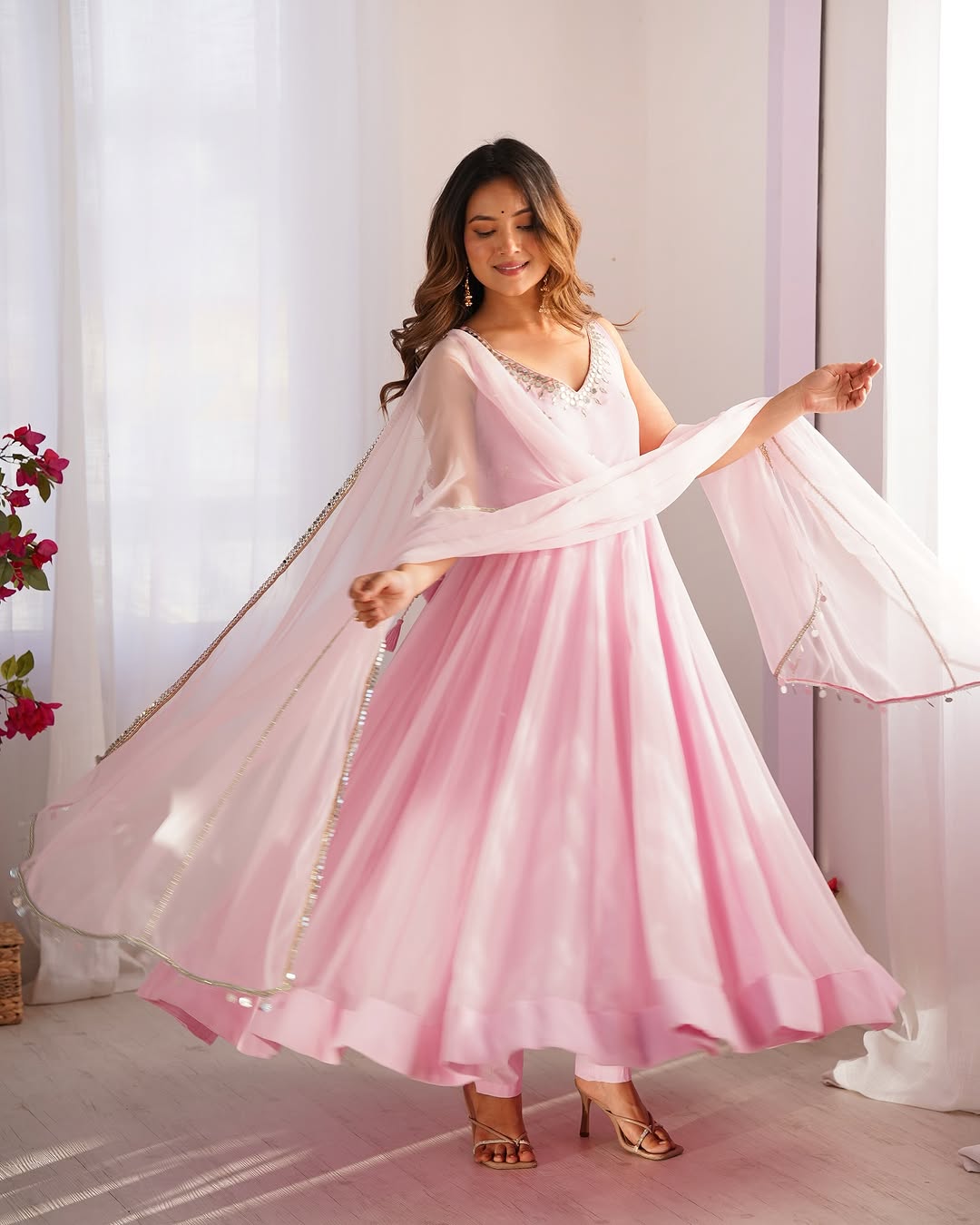 Designer Pink Georgette Zari Embroidered Anarkali Kurta Set with Pant & Dupatta