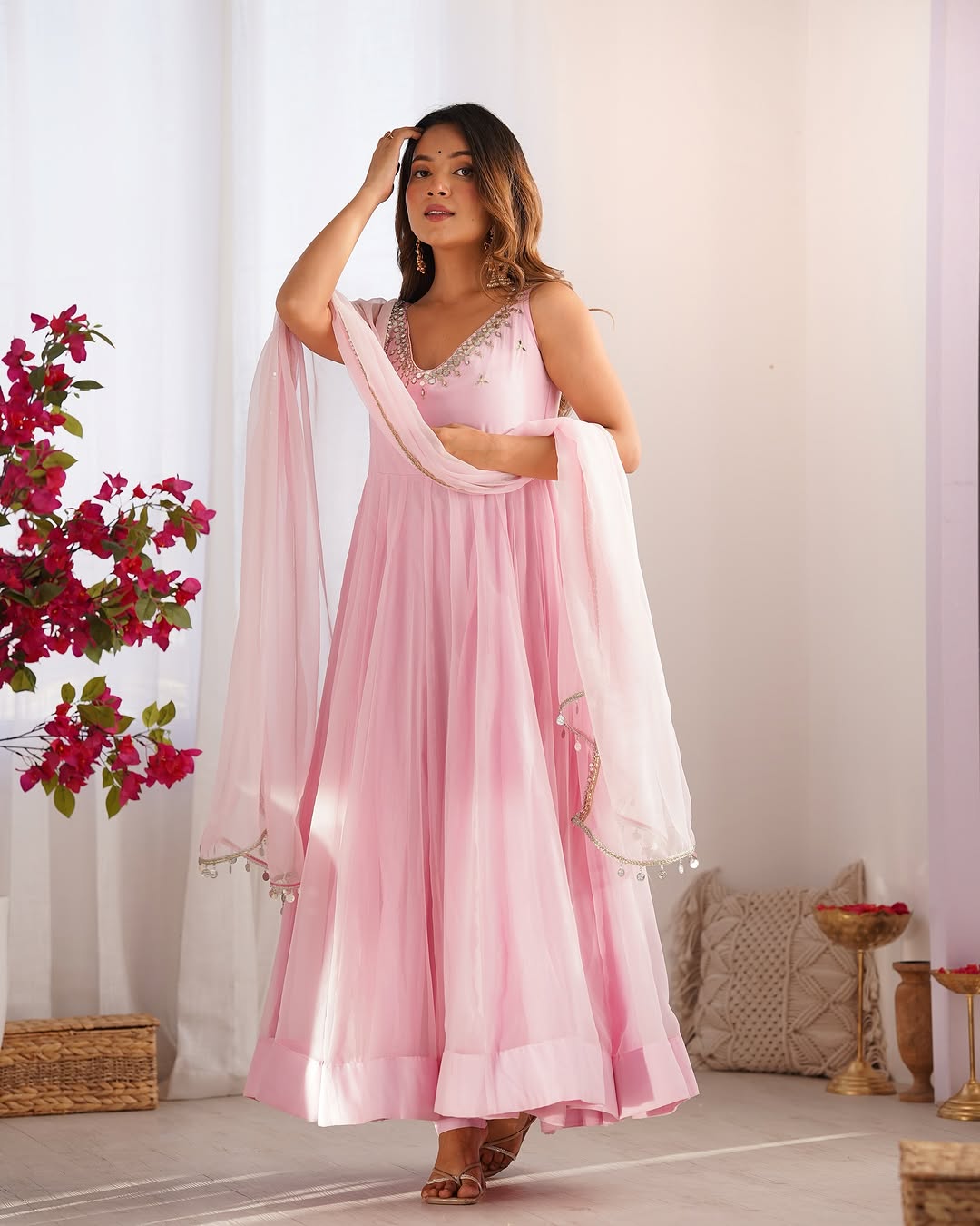 Designer Pink Georgette Zari Embroidered Anarkali Kurta Set with Pant & Dupatta