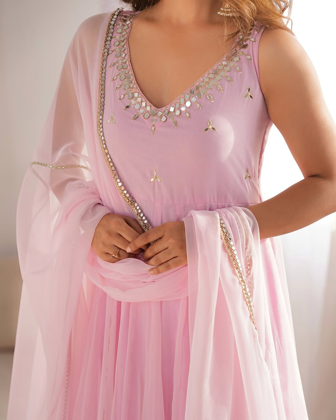 Designer Pink Georgette Zari Embroidered Anarkali Kurta Set with Pant & Dupatta