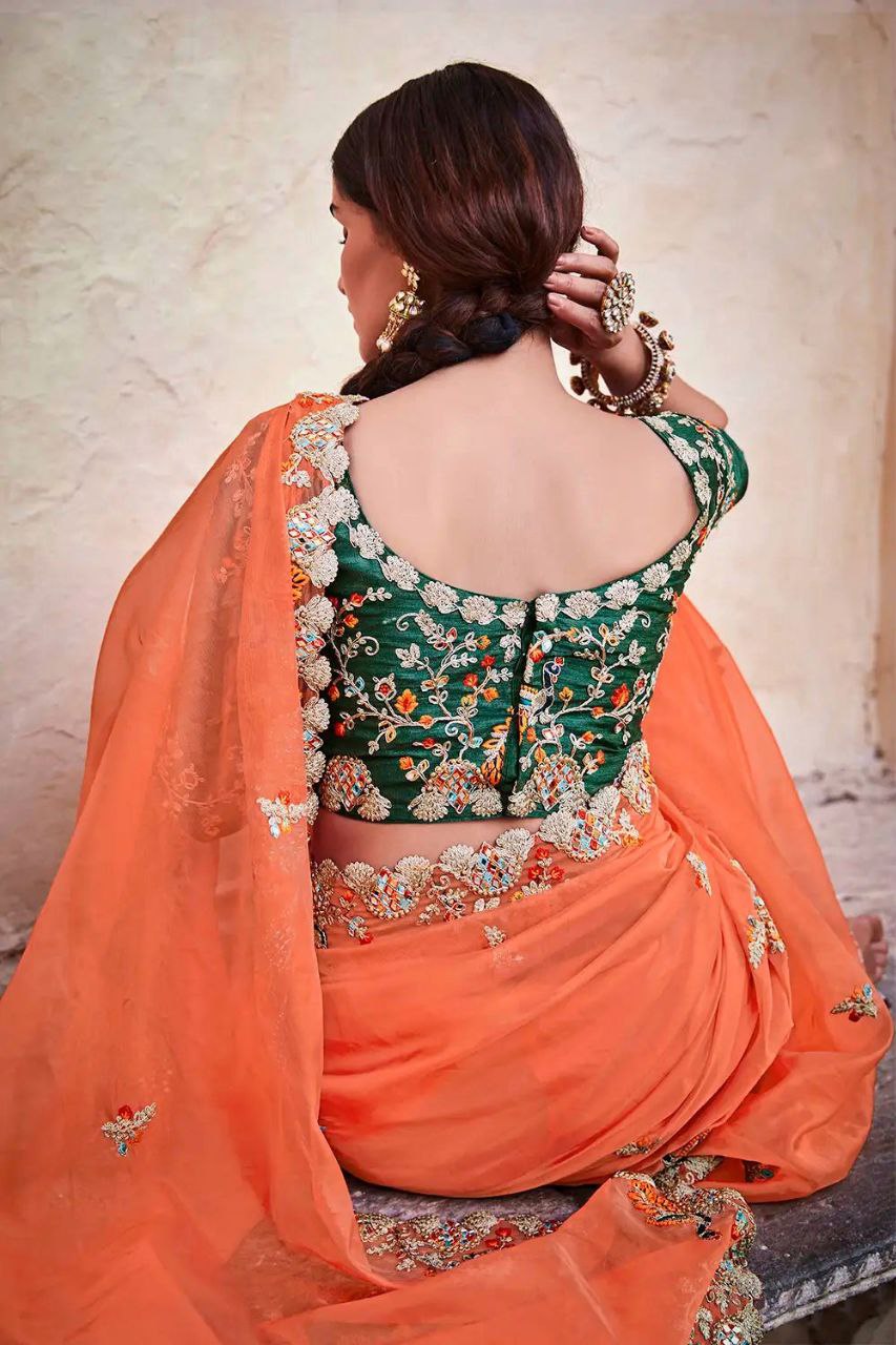 Orange Organza Saree with Real Mirror & Zari Work
