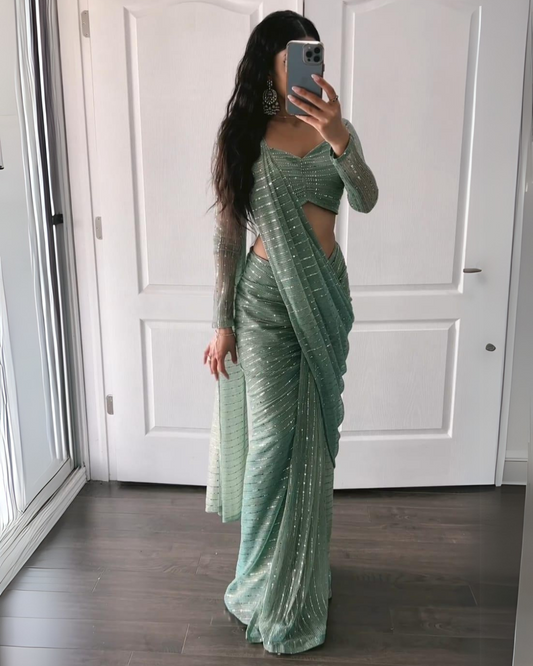Ready To Wear Pista Heavy Tikli Embroidery Work Saree