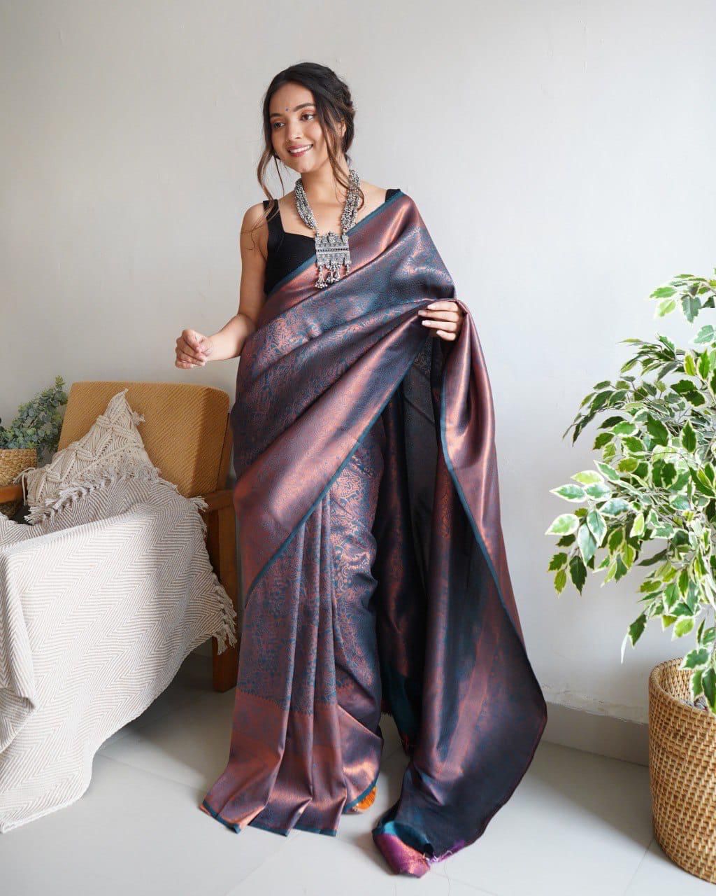 Lovely Soft Silk With Intricate Copper Zari Weaving Worked Saree - INDIAN ELEGANCE