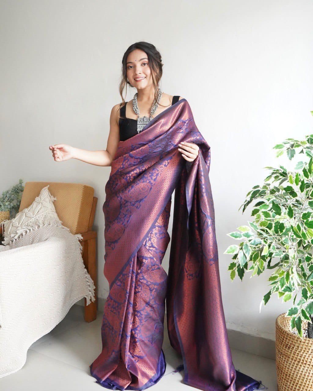 Lovely Soft Silk With Intricate Copper Zari Weaving Worked Saree - INDIAN ELEGANCE