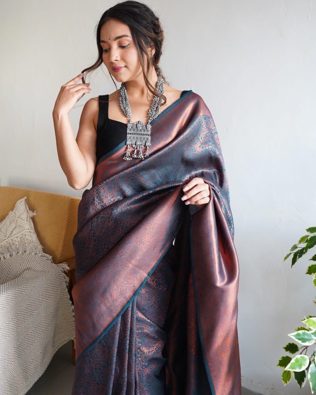 Lovely Soft Silk With Intricate Copper Zari Weaving Worked Saree - INDIAN ELEGANCE