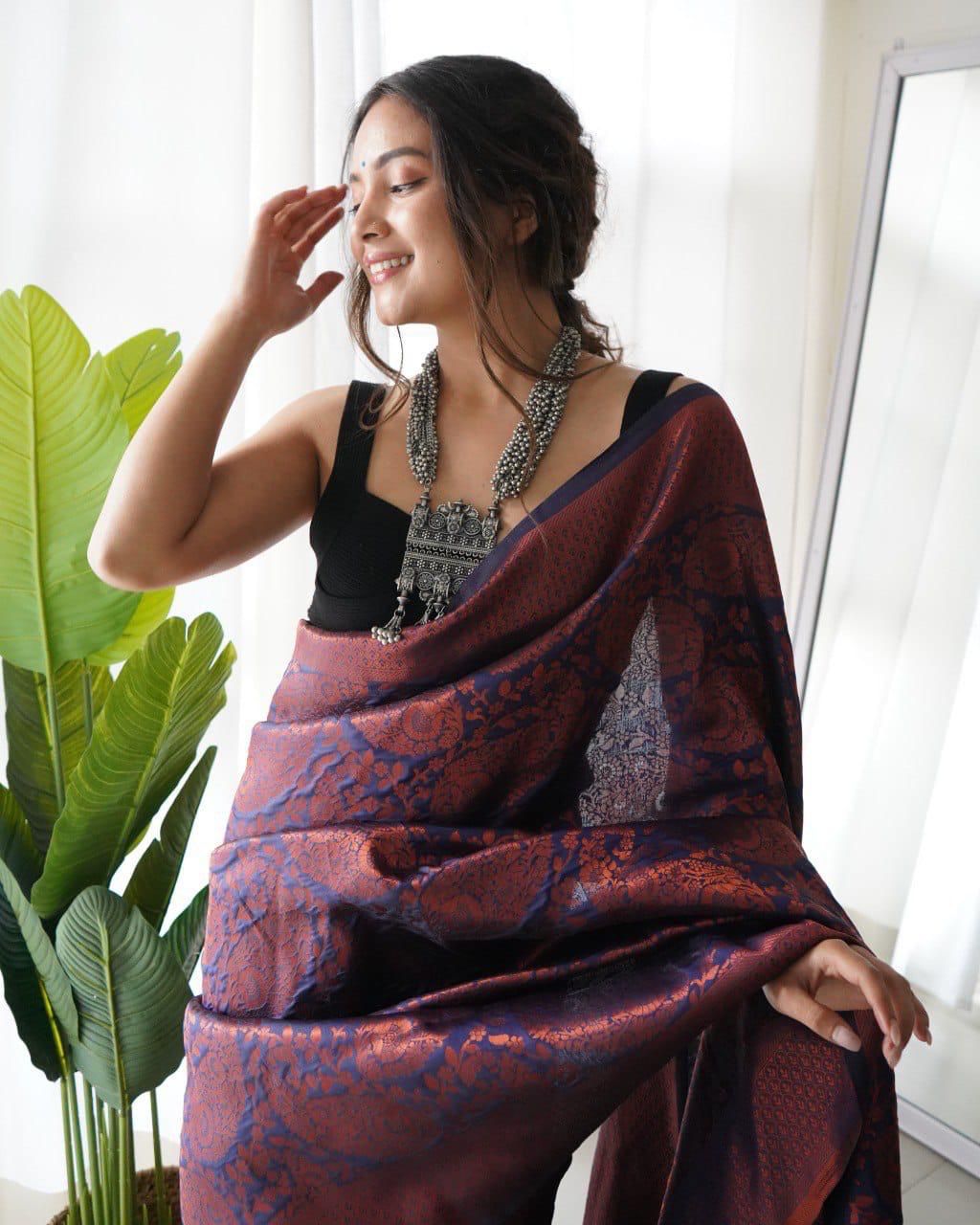 Lovely Soft Silk With Intricate Copper Zari Weaving Worked Saree - INDIAN ELEGANCE