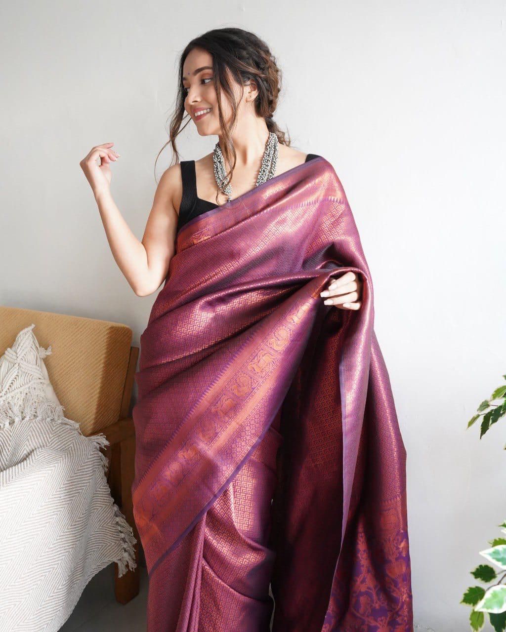 Lovely Soft Silk With Intricate Copper Zari Weaving Worked Saree - INDIAN ELEGANCE