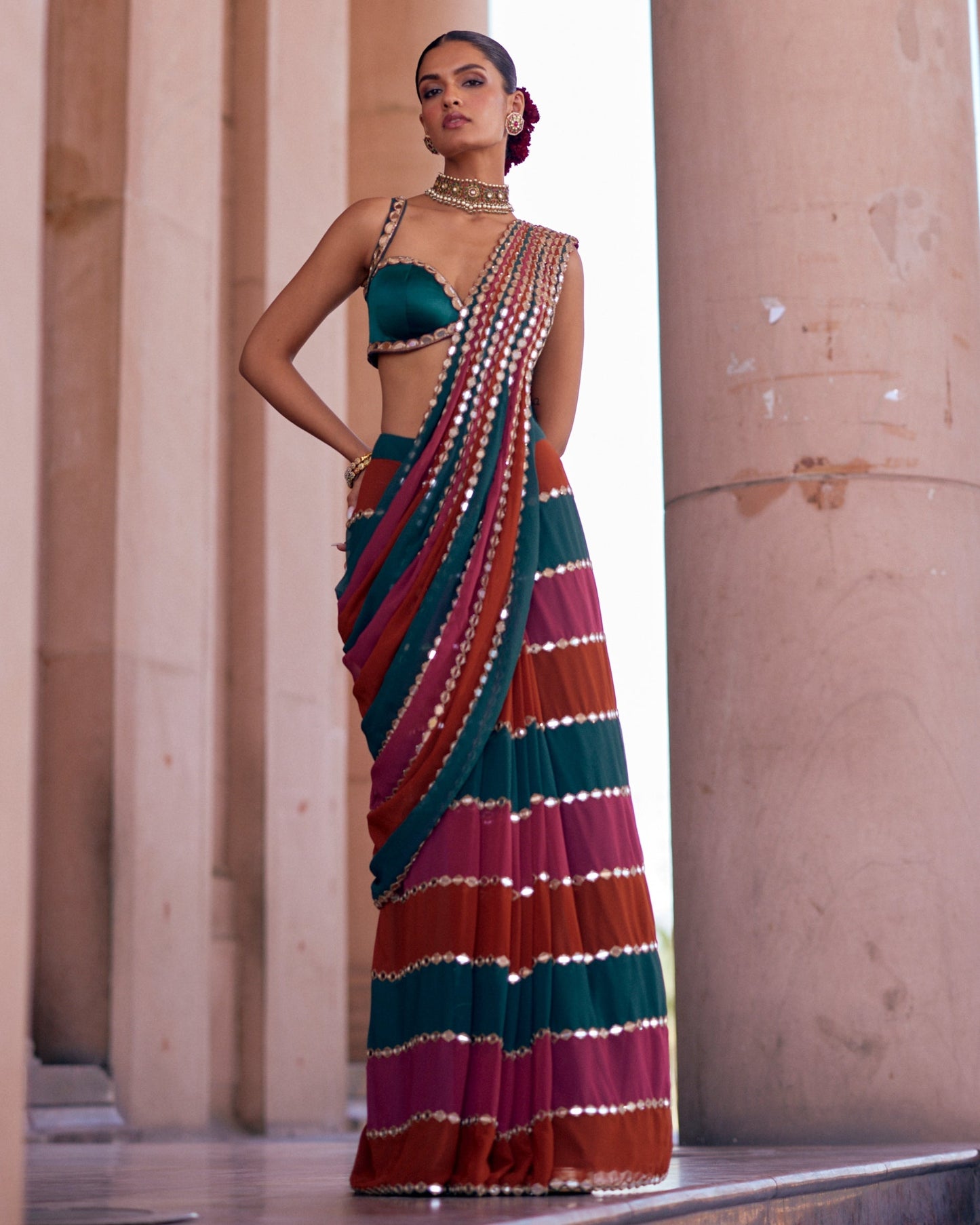 Grand Wedding Party Wear Mirror Work Ready-to-Wear Lehenga Saree
