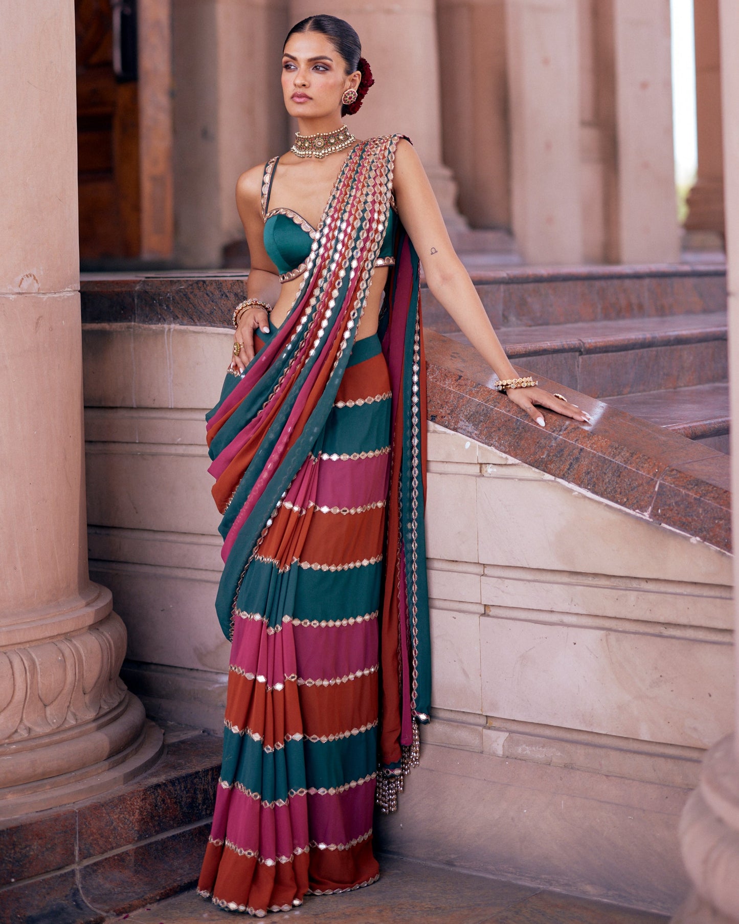 Grand Wedding Party Wear Mirror Work Ready-to-Wear Lehenga Saree