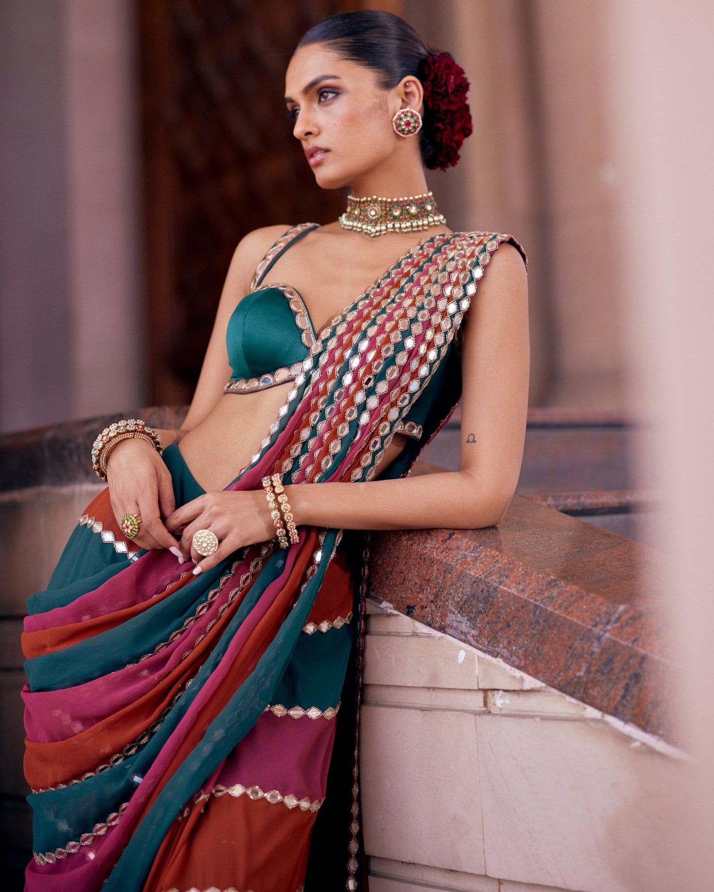 Grand Wedding Party Wear Mirror Work Ready-to-Wear Lehenga Saree