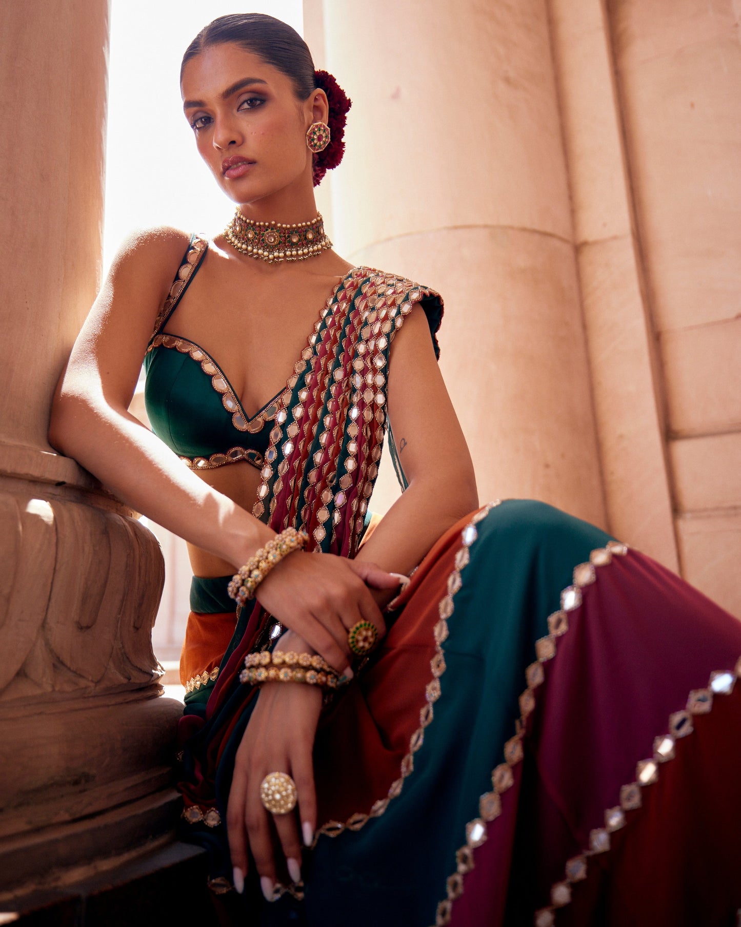 Grand Wedding Party Wear Mirror Work Ready-to-Wear Lehenga Saree